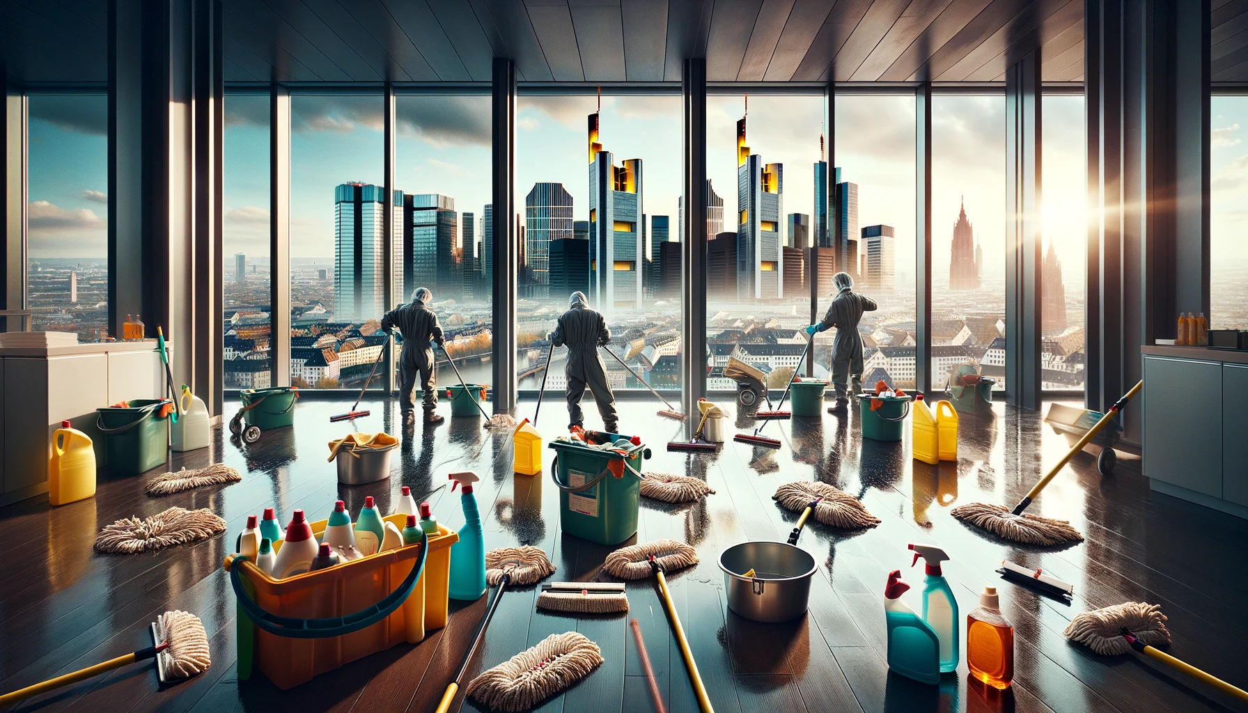 Personal reinigt mit Reinigungsmaterialien Büro mit Frankfurt Skyline